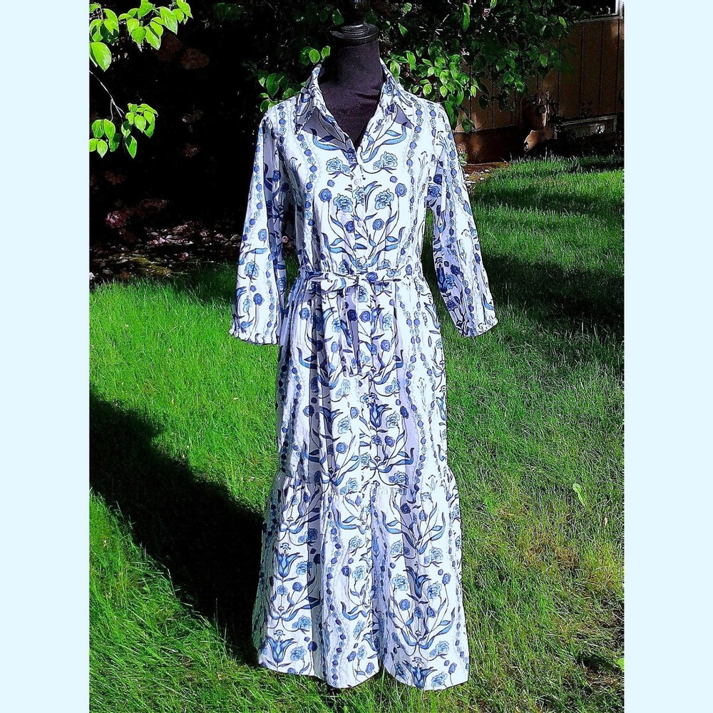 Blue Floral Maxi Shirt Dress with Tie Waist